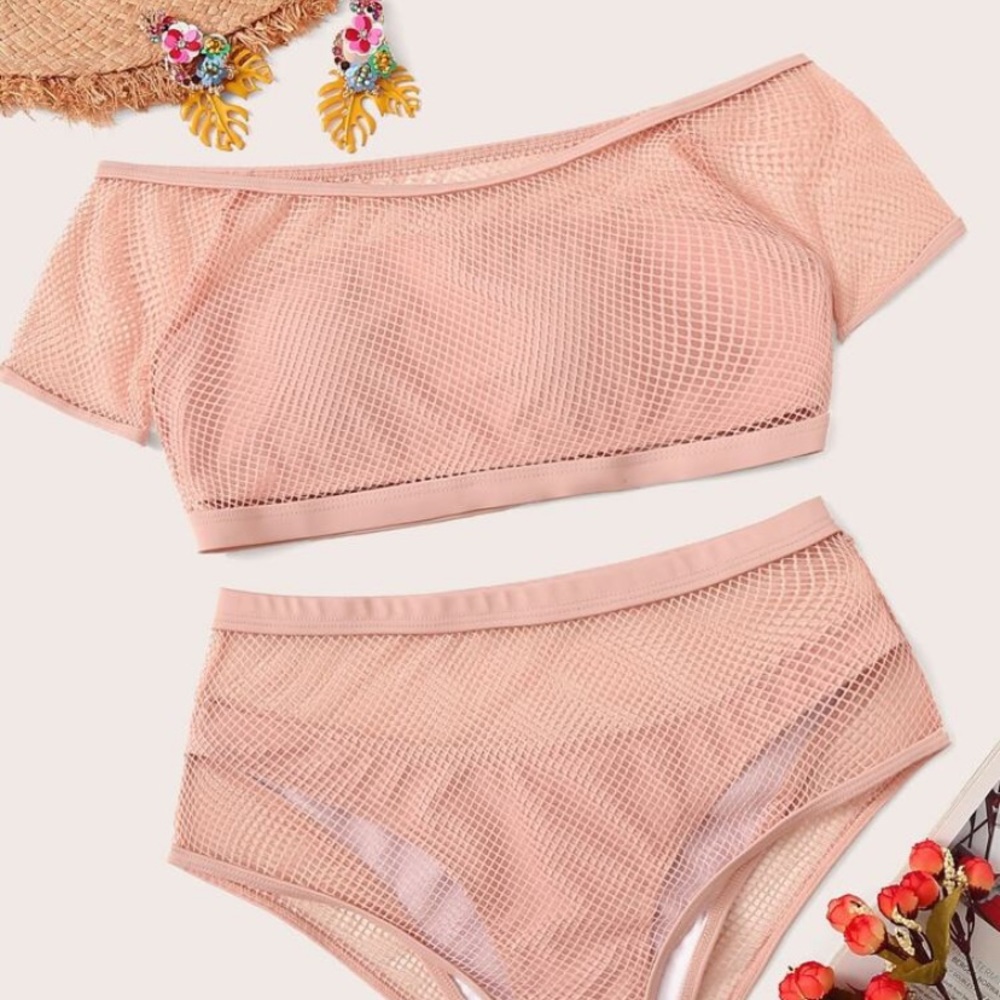 Pastel pink fishnet bikini set